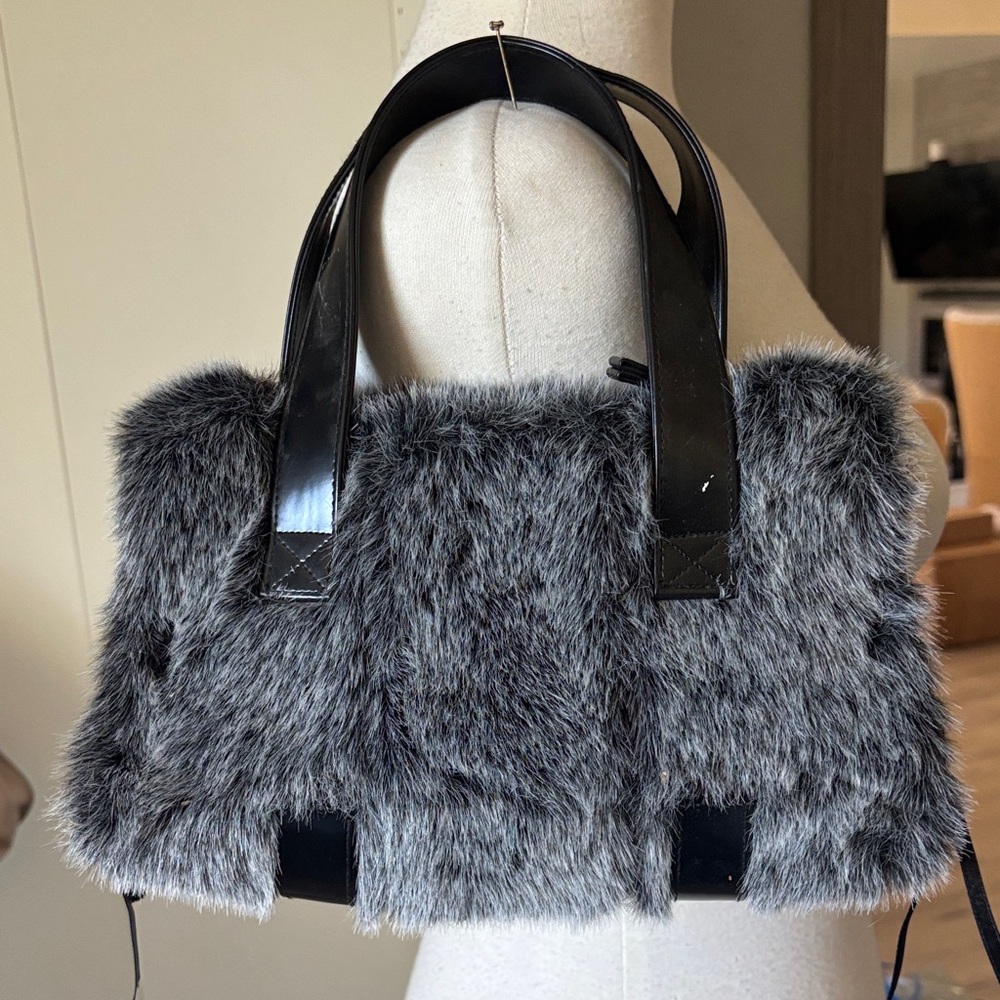 lovely n.y. Plush Gray Faux Fur Tote with Black Patent Handles